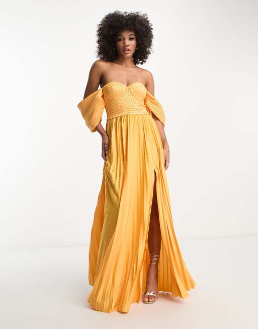 ASOS DESIGN sweetheart neck off shoulder pleated maxi dress in