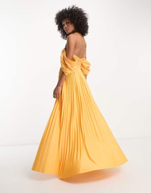 ASOS DESIGN sweetheart neck off shoulder pleated maxi dress in orange