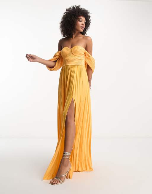 ASOS DESIGN sweetheart neck off shoulder pleated maxi dress in orange ASOS