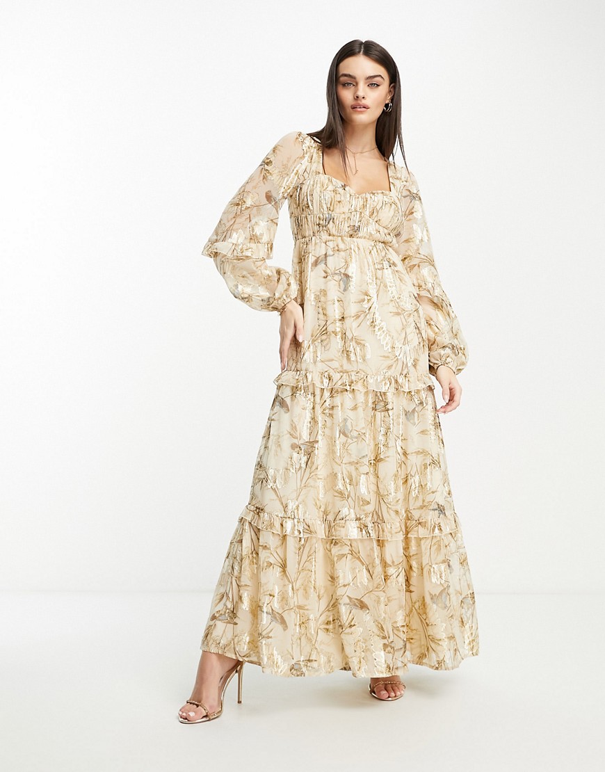 ASOS DESIGN sweetheart neck pleated maxi dress with frills in printed floral metallic jacquard-Multi