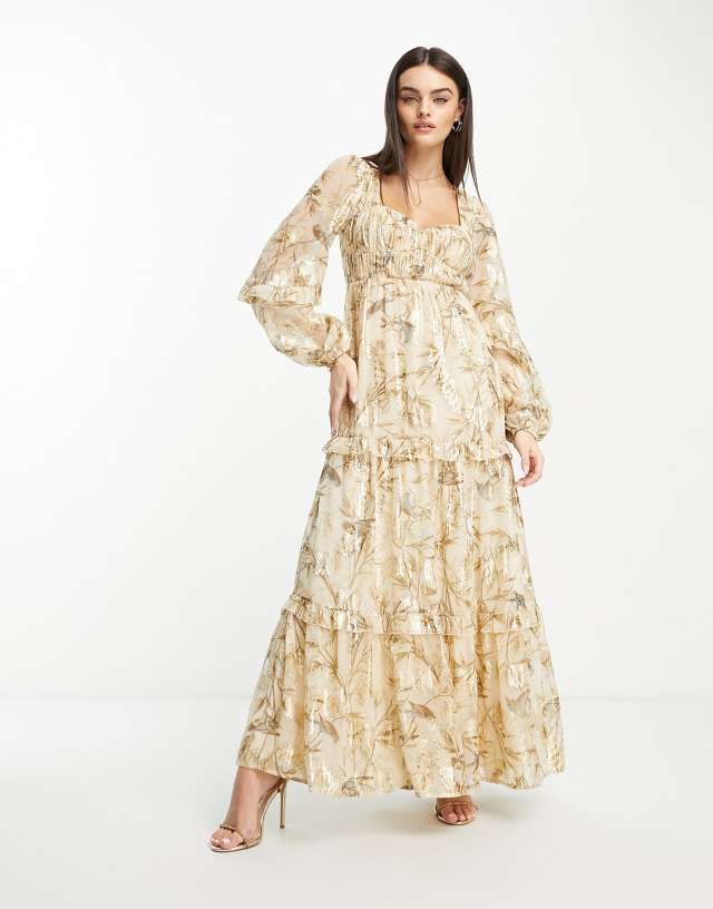 ASOS DESIGN sweetheart neck pleated maxi dress with frills in printed floral metallic jacquard