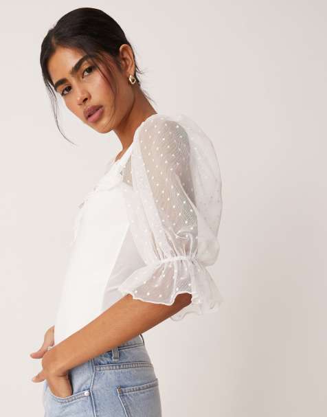 ASOS DESIGN sweetheart neck puff sleeve dobby mesh bodysuit in white - view 1