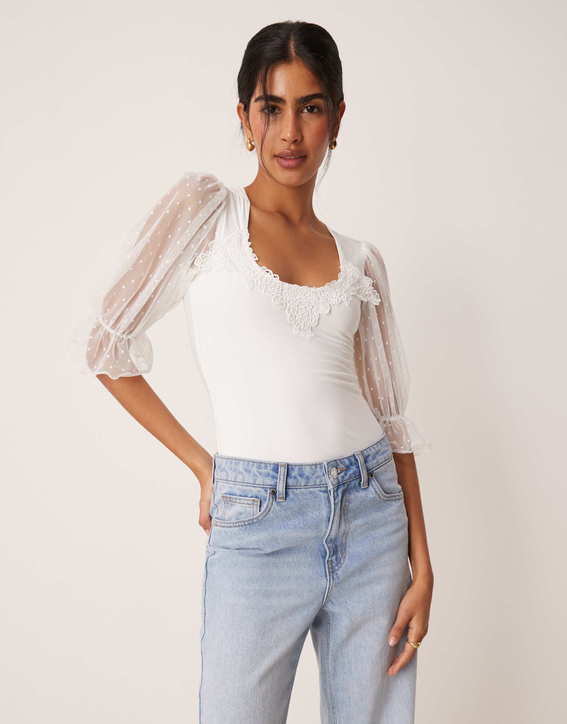 asos design sweetheart neck puff sleeve textured mesh bodysuit in white