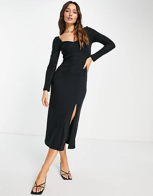 Women sweetheart neck ribbed midi dress with long sleeves in black 