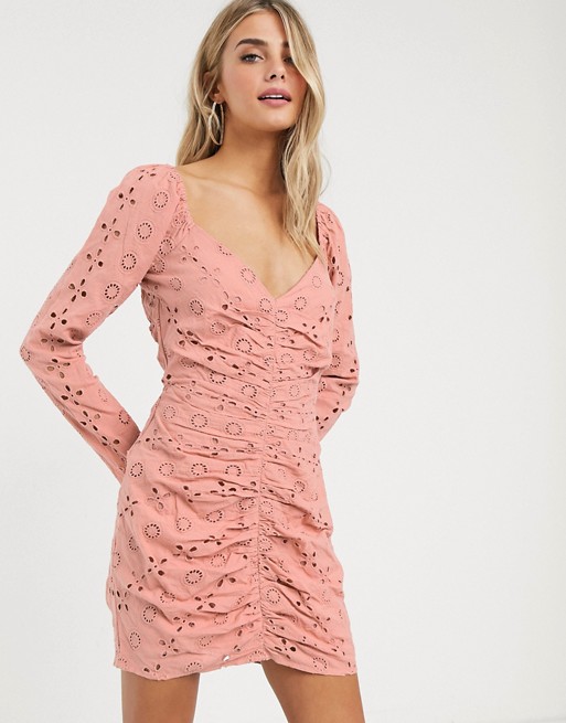 ASOS DESIGN sweetheart neck ruched front mini dress in broderie in dusky pink