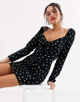 black and white polka dot long sleeve dress