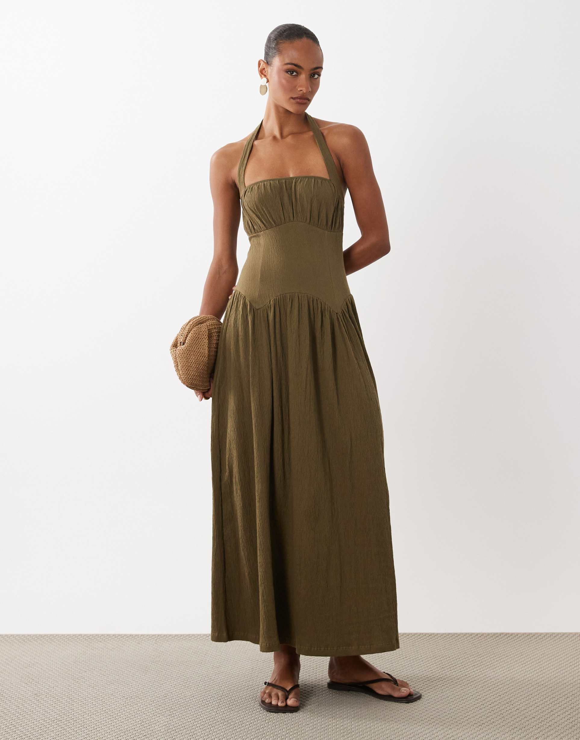asos design sweetheart neck shirred midaxi dress in brown