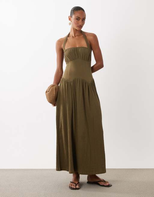 ASOS DESIGN sweetheart neck shirred midaxi dress in brown | ASOS