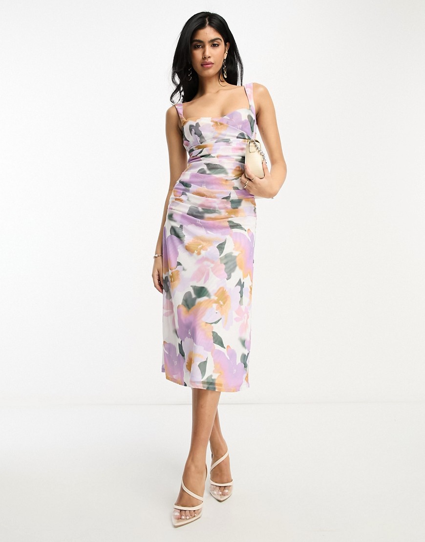 Asos Design Sweetheart Neck Soft A-line Mesh Midi Dress In Lilac Smudge Floral-multi