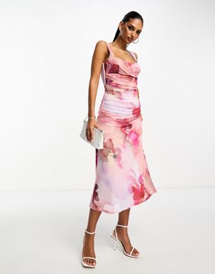 Asos Design Sweetheart Neck Soft A-line Mesh Midi Dress In Smudge Floral-multi