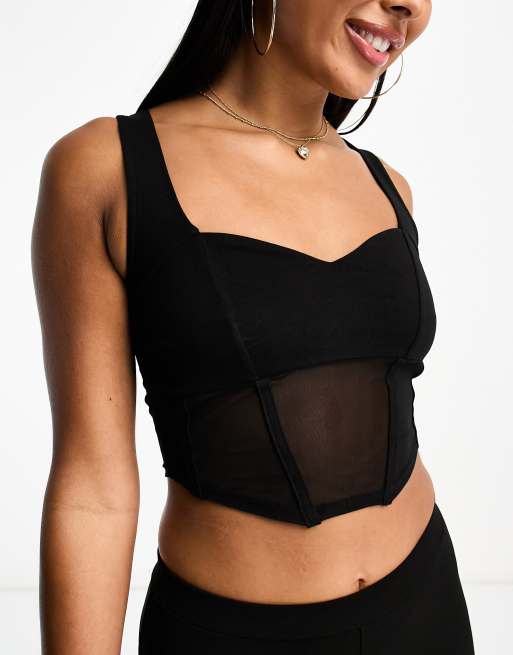 ASOS DESIGN corset style sweetheart neck mesh bodysuit in black