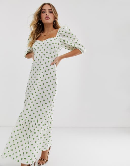 ASOS DESIGN sweetheart neck tiered midi dress in polka dot