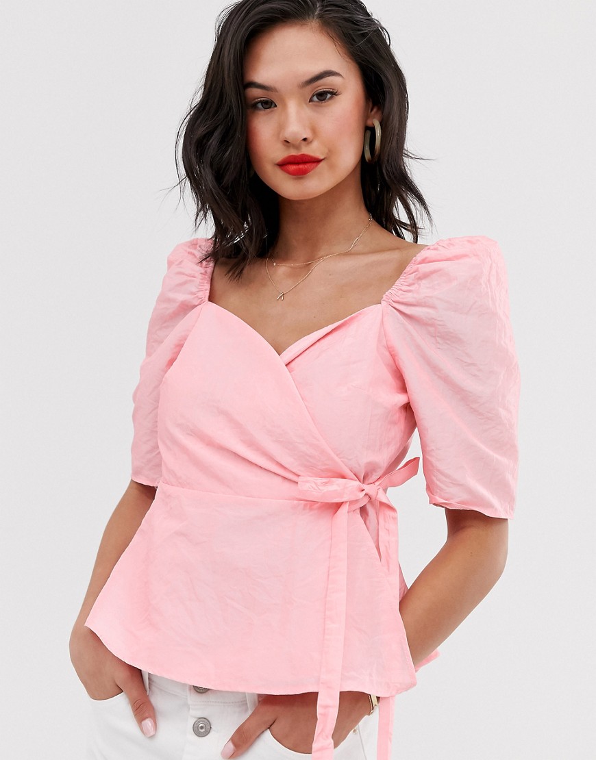 ASOS DESIGN sweetheart neck wrap top with short sleeves in taffeta-Pink
