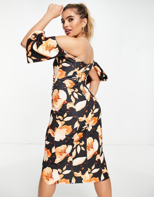 ASOS DESIGN sweetheart neck wrap tuck off shoulder bardot midi