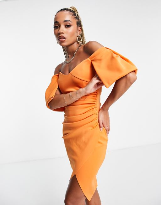 Orange bardot midi outlet dress