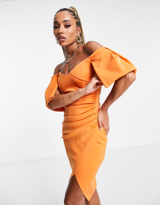 ASOS DESIGN sweetheart neck wrap tuck off shoulder bardot midi dress in orange