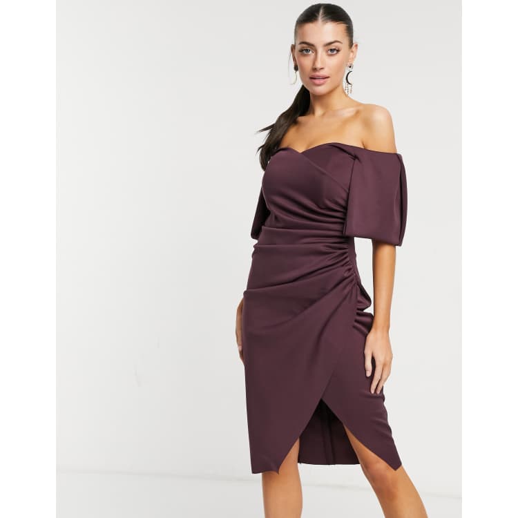 Asos design bardot fold wrap outlet front midi pencil dress