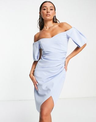 Shop Asos Design Sweetheart Neck Wrap Tuck Off Shoulder Bardot Midi Dress In Sky Blue