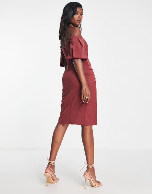 ASOS DESIGN sweetheart neck wrap tuck off shoulder bardot midi