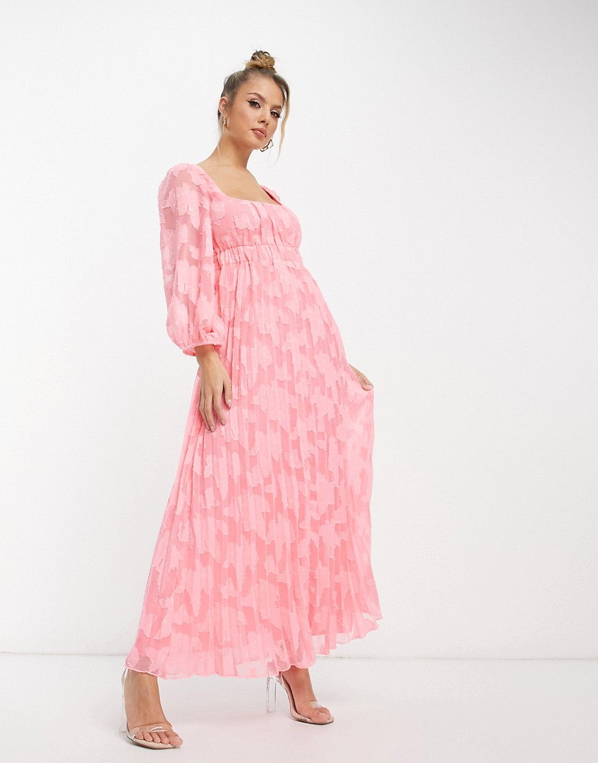 ASOS DESIGN sweetheart neckline burnout pleated midi dress in pink