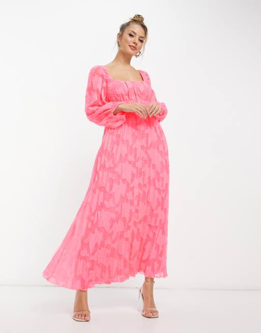 ASOS DESIGN sweetheart neckline burnout pleated midi dress in pink