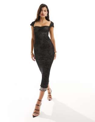 Asos Design Sweetheart Neckline Double Layer Mesh And Lace Print Maxi Dress In Black