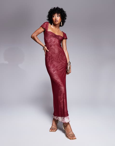 ASOS DESIGN sweetheart neckline double layer mesh and lace print maxi dress in burgundy - view 1