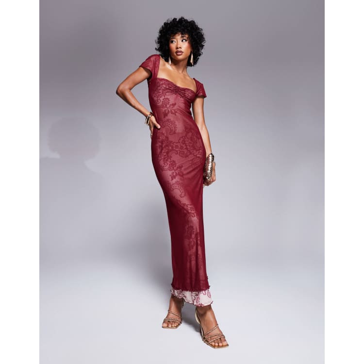 ASOS DESIGN sweetheart neckline double layer mesh and lace print maxi dress  in burgundy | ASOS