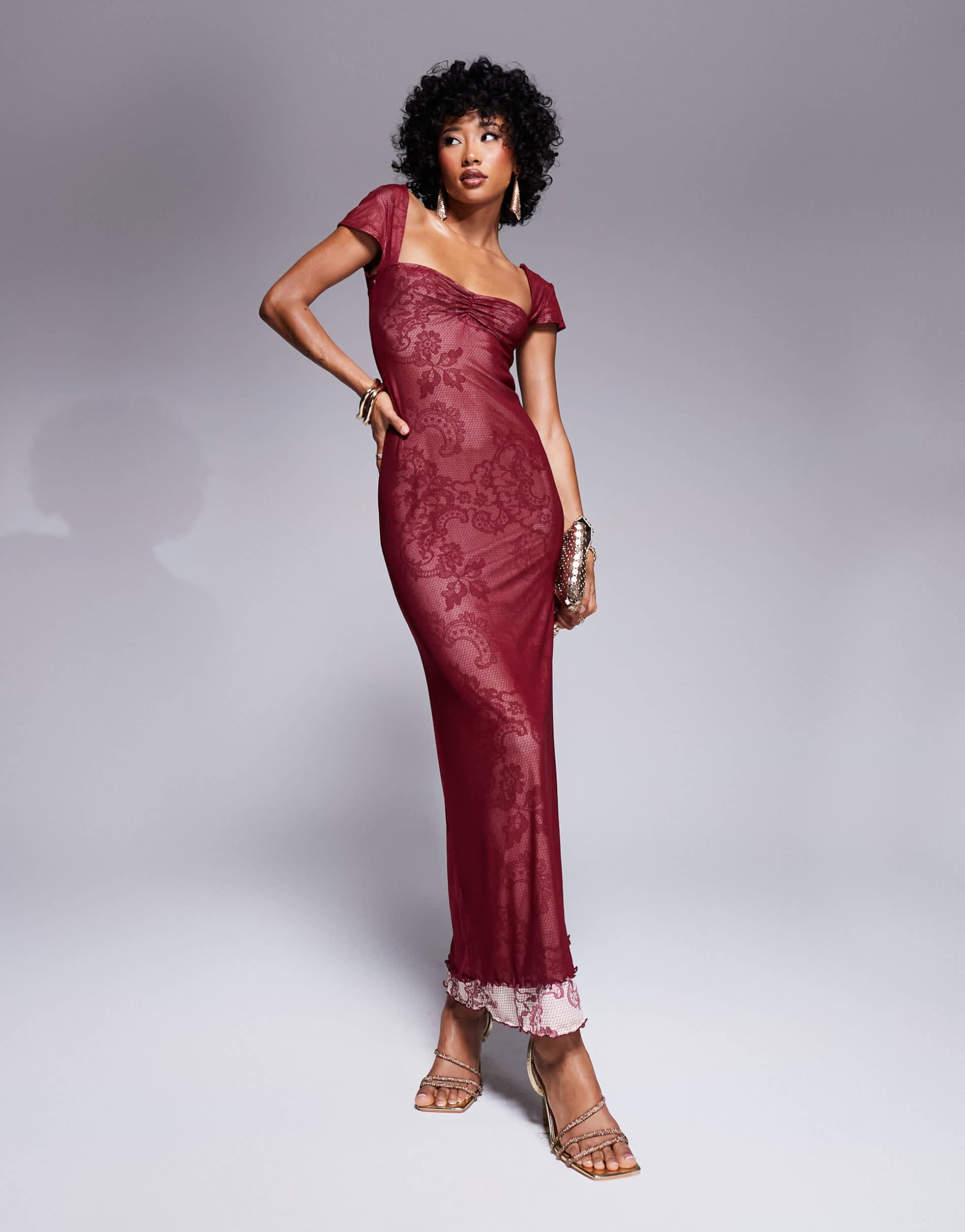 asos design sweetheart neckline double layer mesh and lace print maxi dress in burgundy