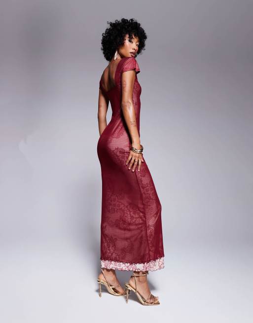 ASOS DESIGN sweetheart neckline double layer mesh and lace print maxi dress in burgundy