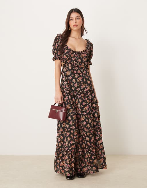 ASOS DESIGN sweetheart neckline midi dress with cut out in dark base floral