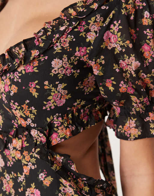 ASOS DESIGN sweetheart neckline midi dress with cut out in dark base floral
