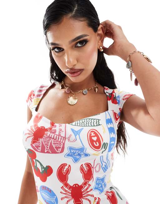 ASOS DESIGN sweetheart neckline mini dress in sardine print