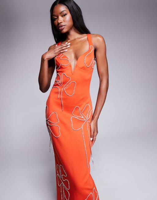 ASOS DESIGN scuba sweetheart neckline pencil midi dress with flower chain embellishment in orange