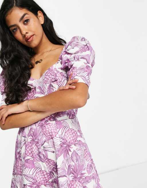 ASOS DESIGN sweetheart neckline playsuit in lilac pineapple print