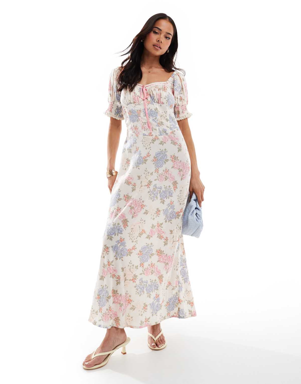 ASOS DESIGN sweetheart neckline ribbon midi dress in mixed floral print