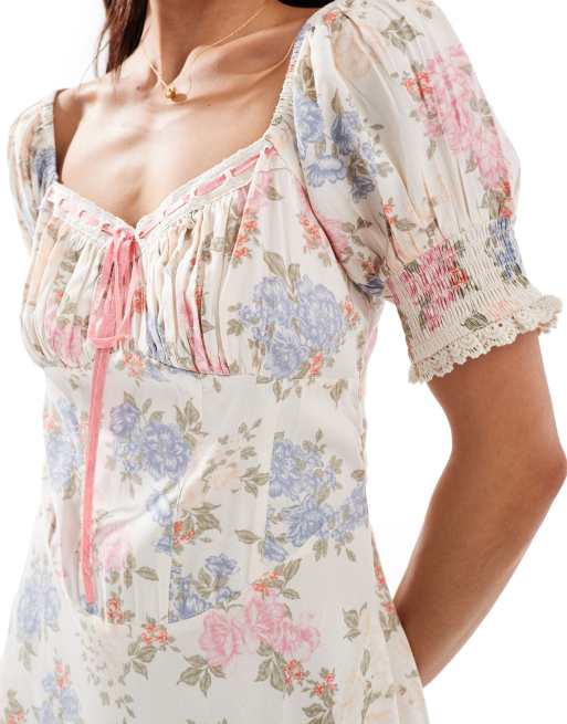 ASOS DESIGN sweetheart neckline ribbon midi dress in mixed floral print