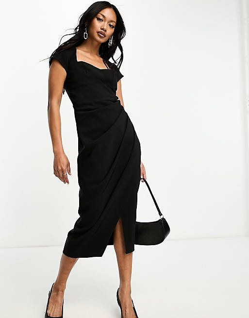 ASOS DESIGN sweetheart neckline ruched waist midi dress with cap sleeves in  black