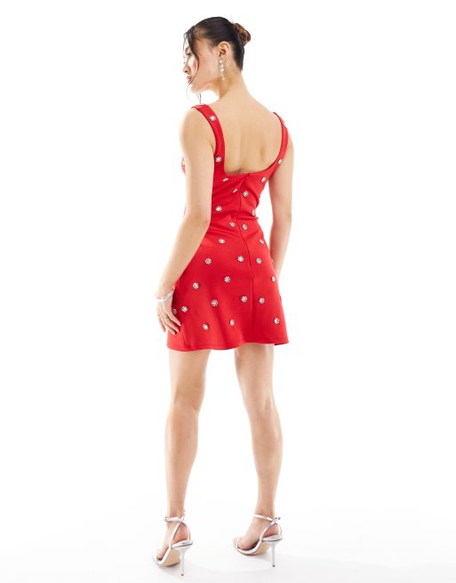 ASOS DESIGN sweetheart neckline structured mini dress with all over embellishment in red, 2 of 4