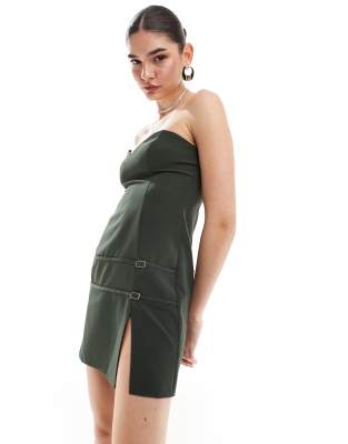 Asos Design Sweetheart Neckline Structured Mini Dress With Buckle Detail In  Khaki-green | ModeSens