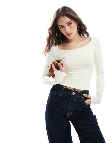 ASOS DESIGN sweetheart open neck long sleeve top in buttermilk - view 1