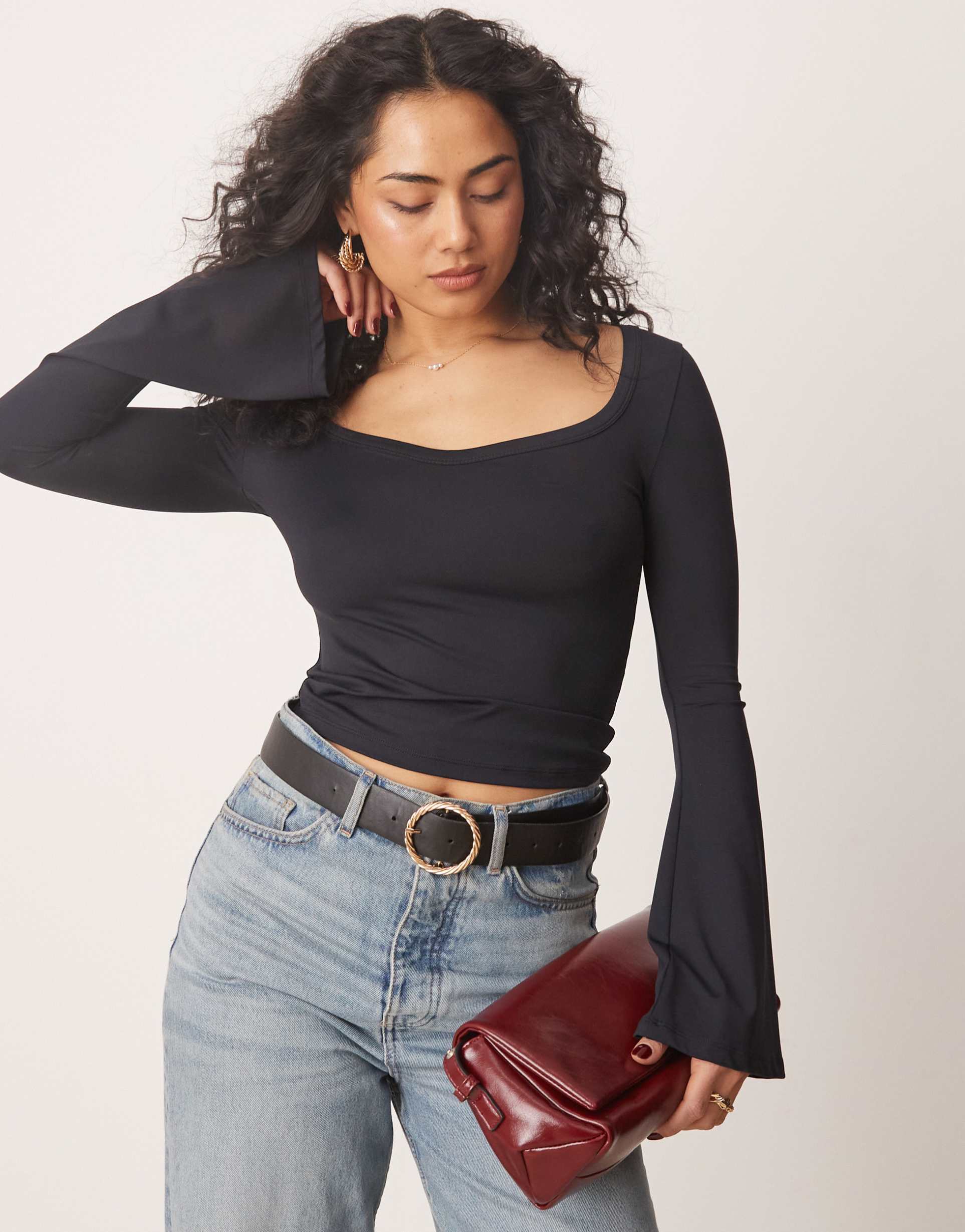 asos design sweetheart polyamide long sleeve top in black