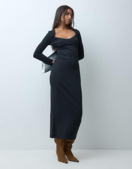 ASOS DESIGN sweetheart rib midi dress with split in black, 2 of 5