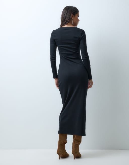 ASOS DESIGN sweetheart rib midi dress with split in black, 4 of 5