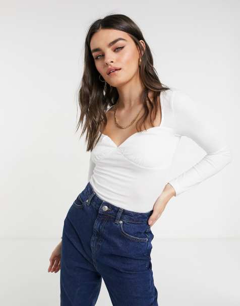 ASOS DESIGN sweetheart top with ruched bust and long sleeves white - view 1