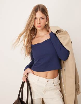 ASOS DESIGN sweetheart waffle top in navy