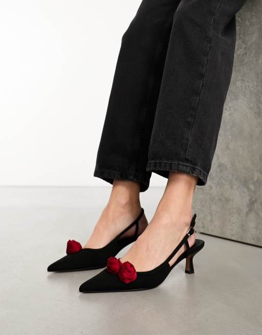 ASOS DESIGN Sweetie-pie corsage slingback mid shoes in black | ASOS