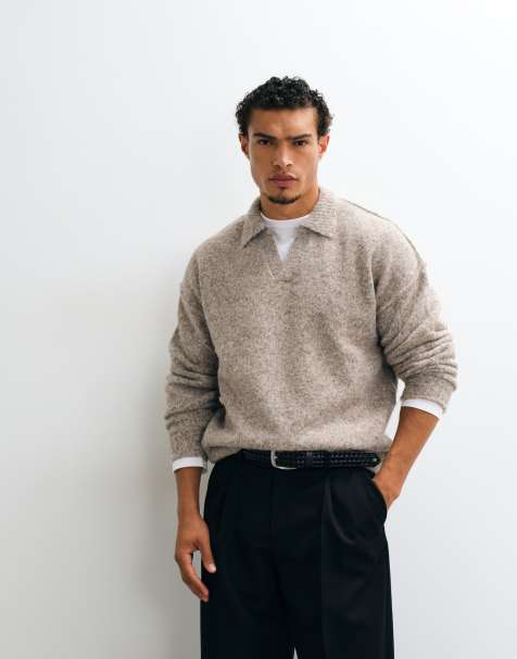 ASOS DESIGN sweter dzianinowy o luźnym kroju z widocznymi szwami i dekoltem z wycięciem w kolorze taupe - view 1