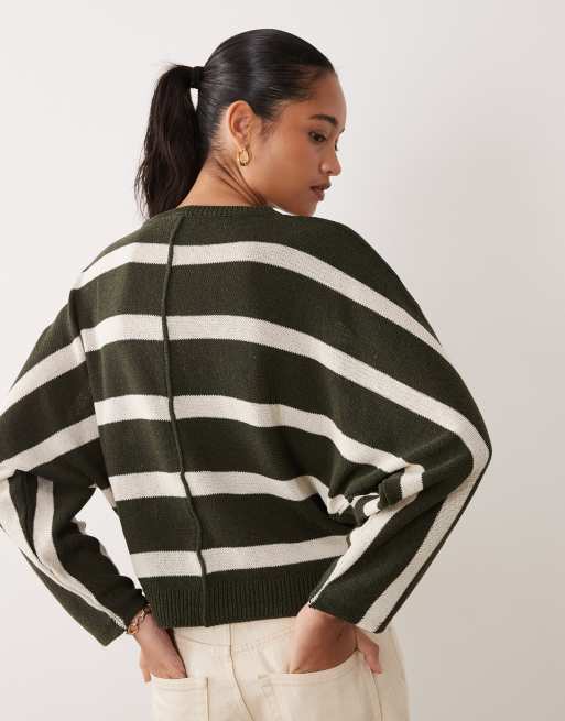 ASOS DESIGN sweter dzianinowy w paski w kolorze ecru i khaki, 3 z 4