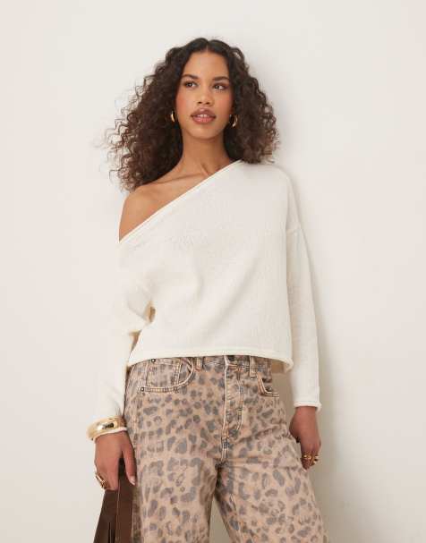 ASOS DESIGN knitted boucle one shoulder jumper in ecru